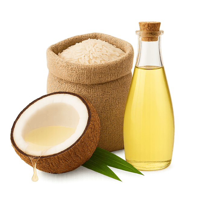 Coconut, a sack of rice, and a bottle of coconut oil